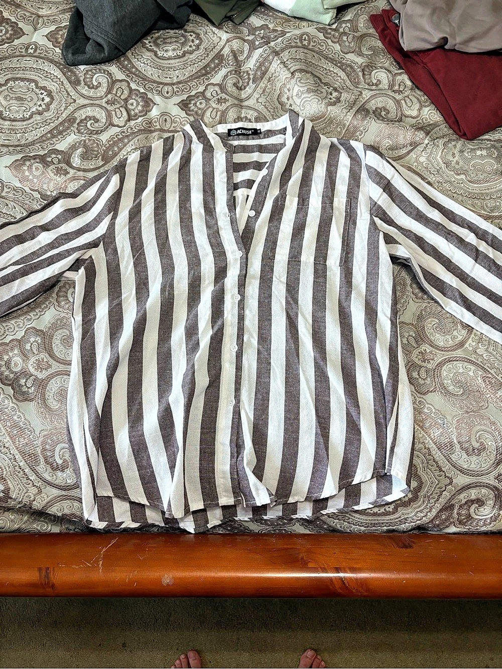 Achuse Striped Button Down Shirt in Brown & White Like New